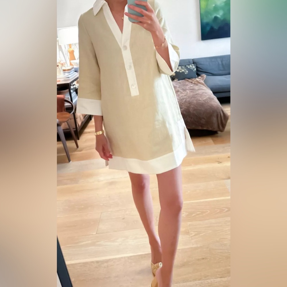 Tuckernuck Champagne Linen Collier Dress (Collared Mini Shift) - Size Small